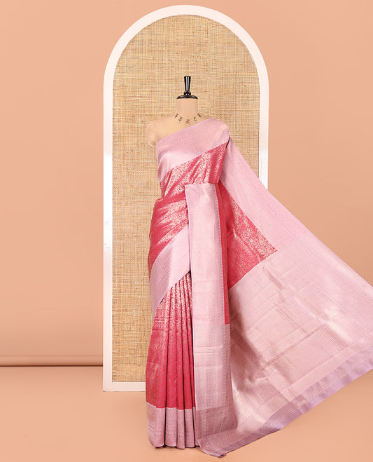 Rani Pink Kanchi Silk Saree Features Floral Jacquard, Contrast Traditional Border, Zari-Weave Pallu, and a Contrast Blouse