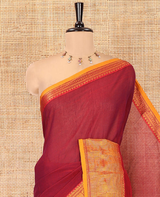 Purple Mercerised Cotton Saree, Complemented by Contrast Traditional Design Temple Border, a Subtly Striped Pallu, and Has a Matching Blouse