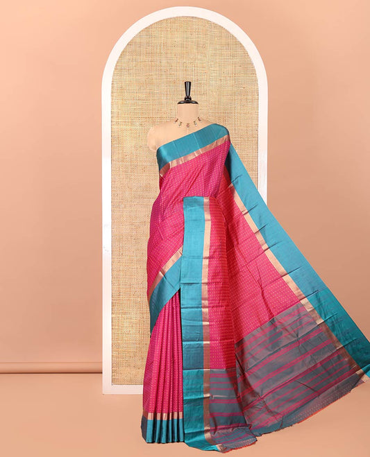 Rani Pink Art Soft Silk Saree, Steeped with Plus-Size Buttas All Over Its Body, Complemented by a Contrast Border, Subtly Striped Pallu, and Paired with a Contrast Blouse