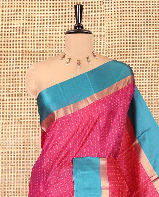 Rani Pink Art Soft Silk Saree, Steeped with Plus-Size Buttas All Over Its Body, Complemented by a Contrast Border, Subtly Striped Pallu, and Paired with a Contrast Blouse