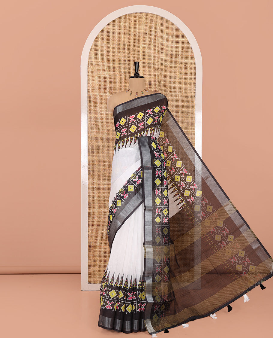 White-Black Plain Linen-Cotton Saree, Contrast Temple Ikat Printed Border, Contrast Pallu, and a Contrast Blouse