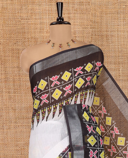White-Black Plain Linen-Cotton Saree, Contrast Temple Ikat Printed Border, Contrast Pallu, and a Contrast Blouse