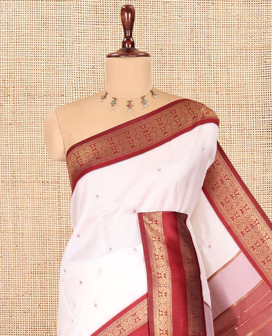 Cream-Red Elite Soft Silk Saree, Adorned with Buttas, Contrast Traditional Rettai Pettu Border, Striped Pallu, and Contrast Blouse