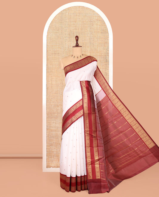 Cream-Red Elite Soft Silk Saree, Adorned with Buttas, Contrast Traditional Rettai Pettu Border, Striped Pallu, and Contrast Blouse