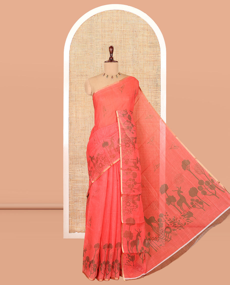 Strawberry Pink Linen Cotton Saree, Accentuated with Flora-Fauna Print, a Piping Border, Printed Pallu and a Contrast Blouse
