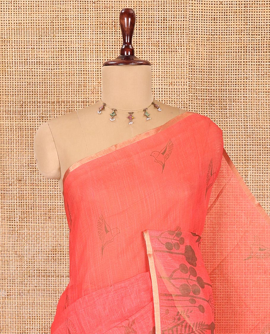 Strawberry Pink Linen Cotton Saree, Accentuated with Flora-Fauna Print, a Piping Border, Printed Pallu and a Contrast Blouse