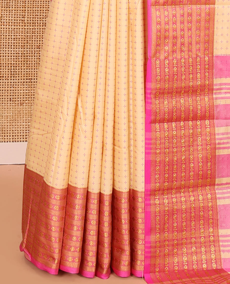 Cream Semi-Soft Silk Saree, Adorned with Plus-Shaped Buttas, Complemented by a Contrast Border, Striped Pallu, and a Contrast Blouse
