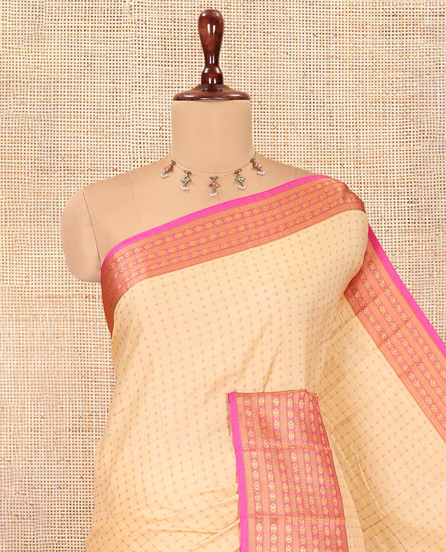 Cream Semi-Soft Silk Saree, Adorned with Plus-Shaped Buttas, Complemented by a Contrast Border, Striped Pallu, and a Contrast Blouse