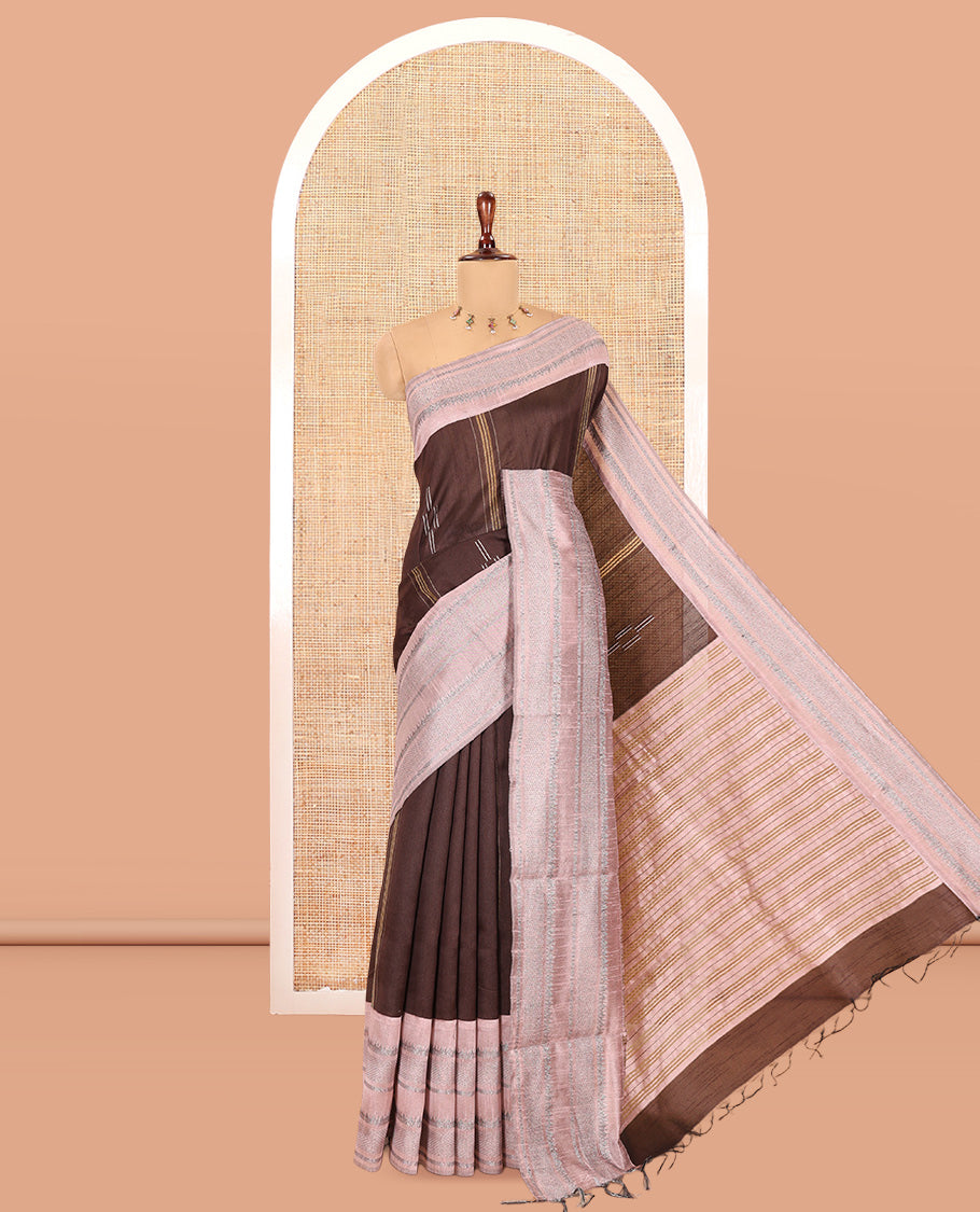 Brown Semi-Raw Silk Saree, Subtly Woven with Thread Stripes and Buttas, a Contrast Traditional Zari Border, Striped Pallu, a Contrast Blouse