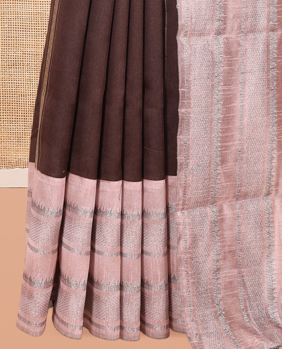 Brown Semi-Raw Silk Saree, Subtly Woven with Thread Stripes and Buttas, a Contrast Traditional Zari Border, Striped Pallu, a Contrast Blouse