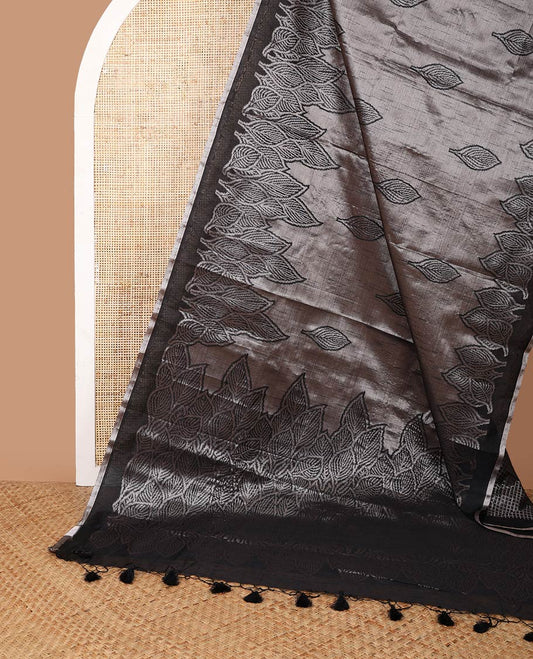 Black leaf zari butta soft kota tussar saree with leaf designb order & rich weaving pallu along with checks design blouse
