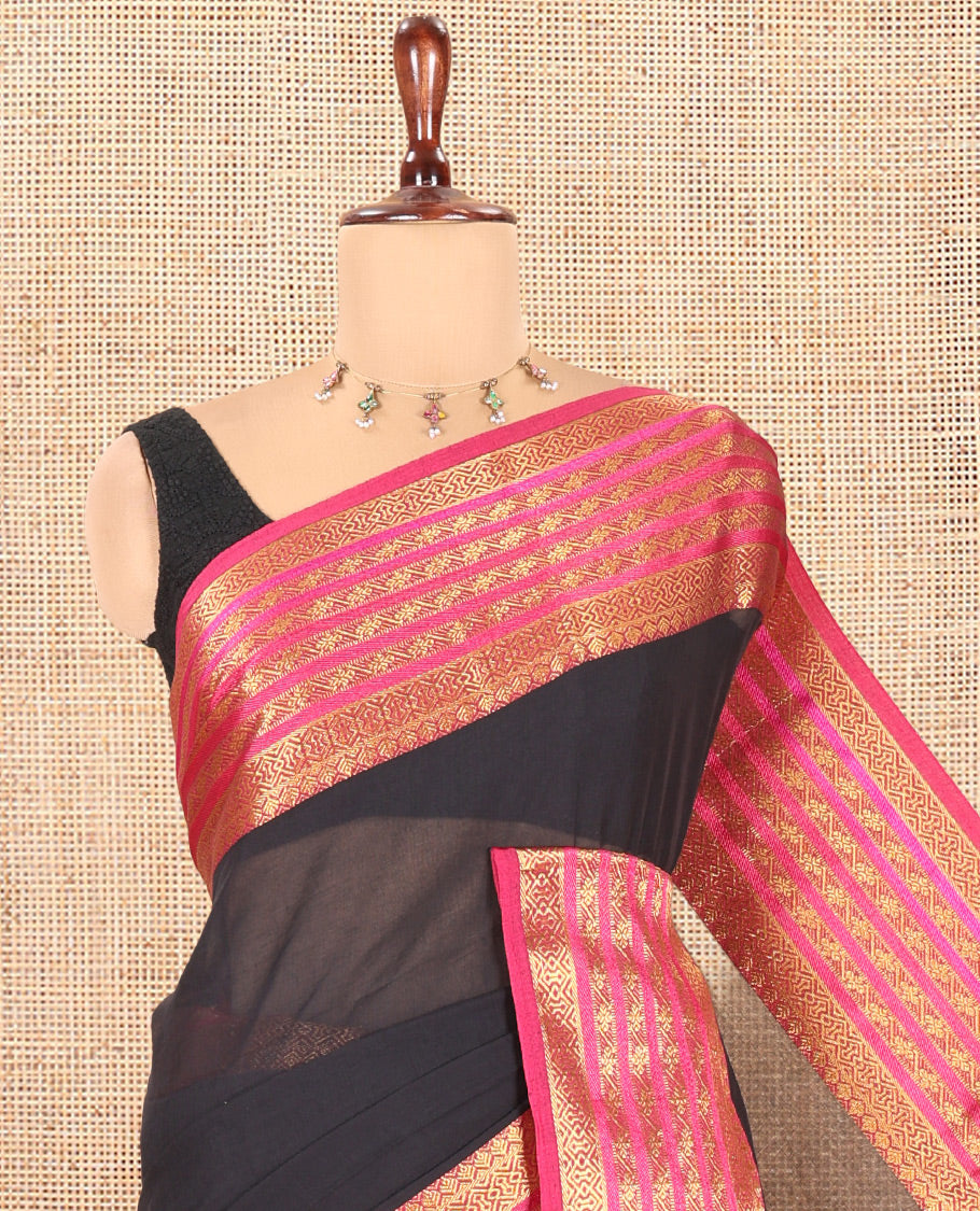 Black Plain Khadi Mul Cotton Saree