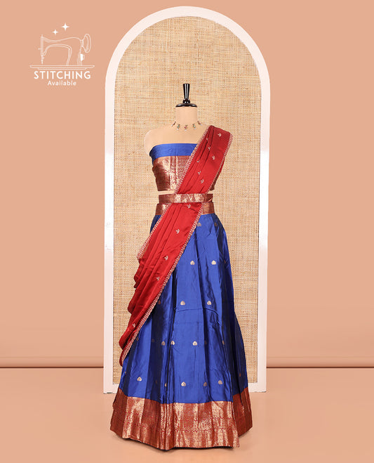 Blue and Red Semi-Banarasi Half-Saree, Accentuated with Zari Buttas on Its Skirt, Complemented by a Contrast Traditional Zari Design Woven Border, Paired with a Matching Blouse, and a Contrast Satin Georgette Embroidered Scallop Dhavani