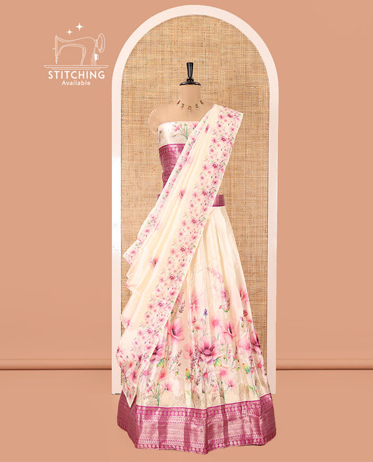 Cream-Magenta Semi-Silk Half-Saree, Features Pink Floral Printed Skirt, Contrast Traditional Zari Border, a Matching Blouse, and a Floral Print Semi-Silk Dhavani