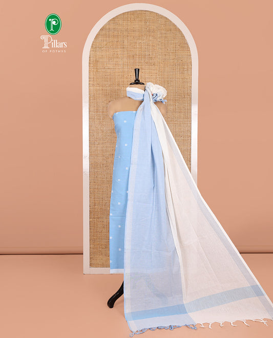 Sky Blue Handloom Cotton Material Chudidar, Buttas Woven Top, a Plain Bottom, and Contrast Dupatta
