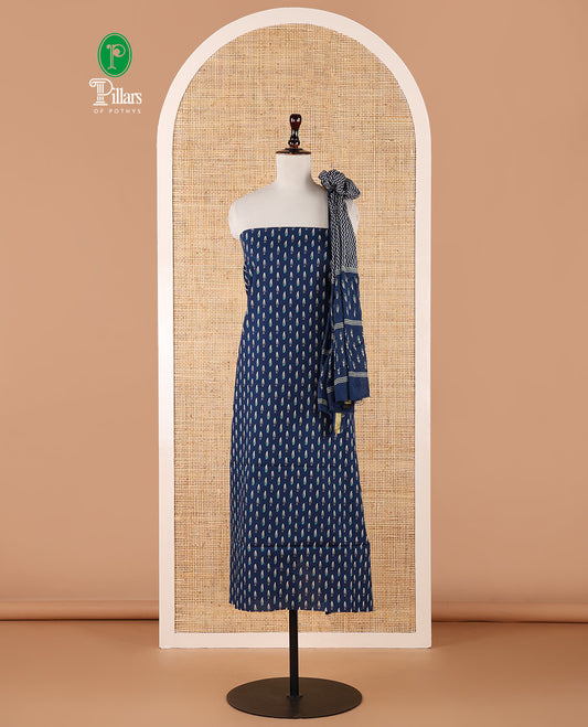 Indigo blue chudidar material set, unique buttas handblock printed cotton top, chevron striped with buttas handblock printed kota cotton dupatta & cotton handblock printed bottom