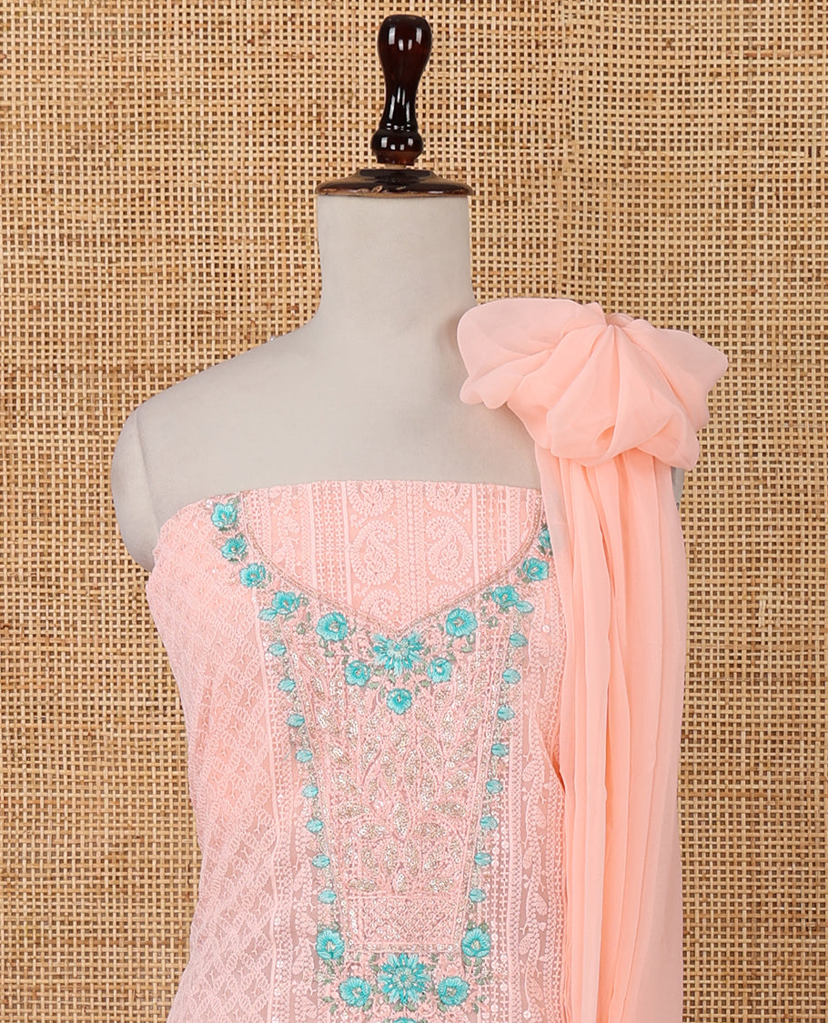 Peach chudidar material set,Lucknowi chikankari embroidered & neckwork georgette top,crepe plain bottom, & chiffon plain dupatta