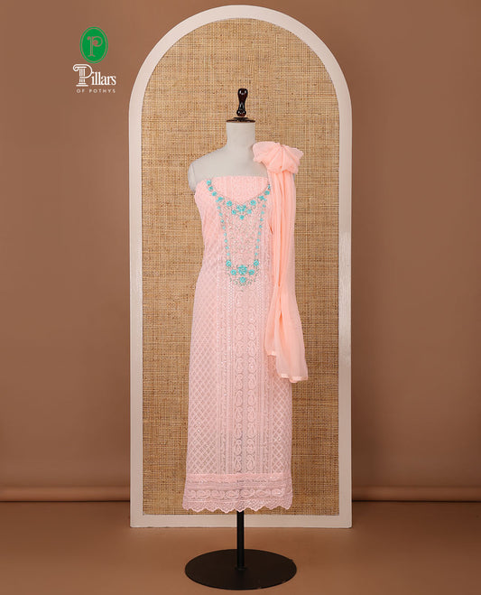 Peach chudidar material set,Lucknowi chikankari embroidered & neckwork georgette top,crepe plain bottom, & chiffon plain dupatta