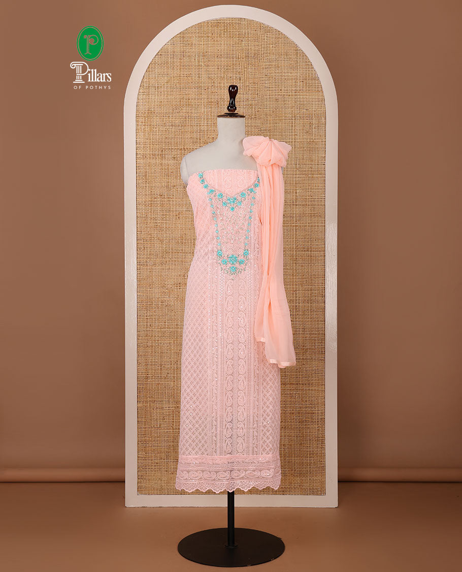 Peach chudidar material set,Lucknowi chikankari embroidered & neckwork georgette top,crepe plain bottom, & chiffon plain dupatta