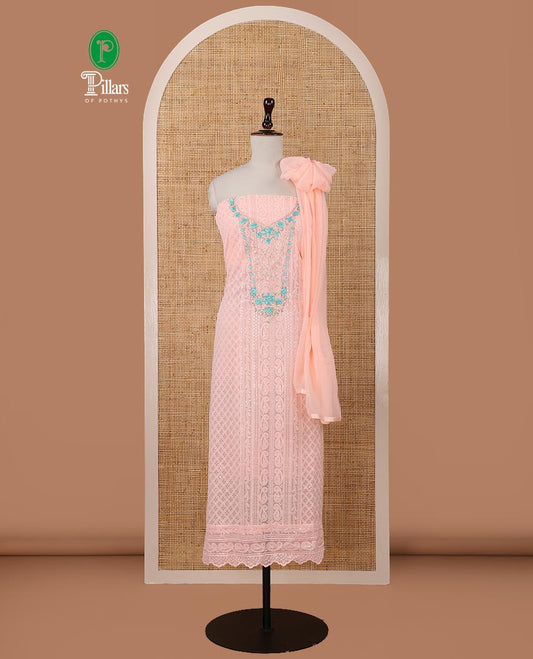 Peach chudidar material set,Lucknowi chikankari embroidered & neckwork georgette top,crepe plain bottom, & chiffon plain dupatta