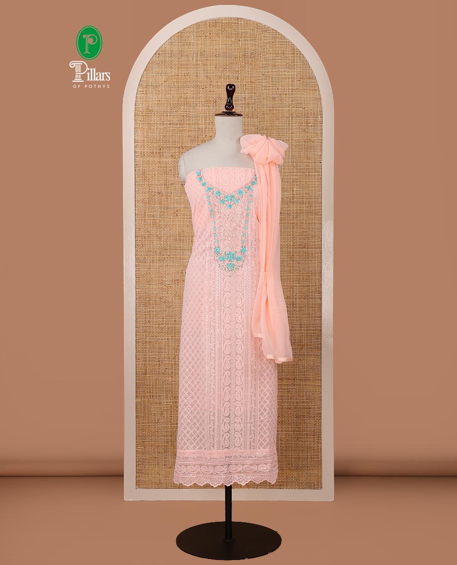 Peach chudidar material set,Lucknowi chikankari embroidered & neckwork georgette top,crepe plain bottom, & chiffon plain dupatta