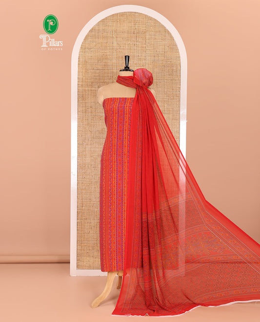Red material chudidar set, floral-printed Italian crepe top, a plain bottom, and a floral and ogee-patterned printed georgette dupatta