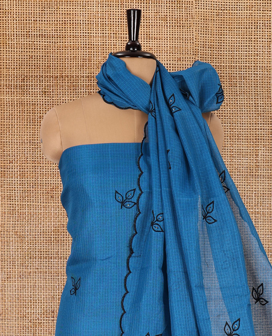 Blue material chudidar set, leaf-floral motifs thread and sequins embroidered kota cotton top, a matching bottom, and a leaf motifs thread and sequins embroidered dupatta