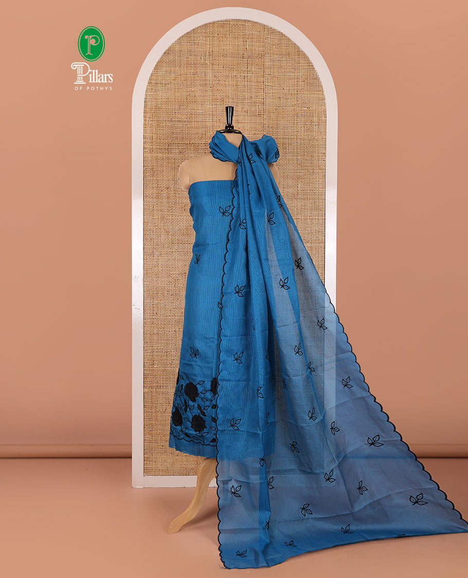 Blue material chudidar set, leaf-floral motifs thread and sequins embroidered kota cotton top, a matching bottom, and a leaf motifs thread and sequins embroidered dupatta