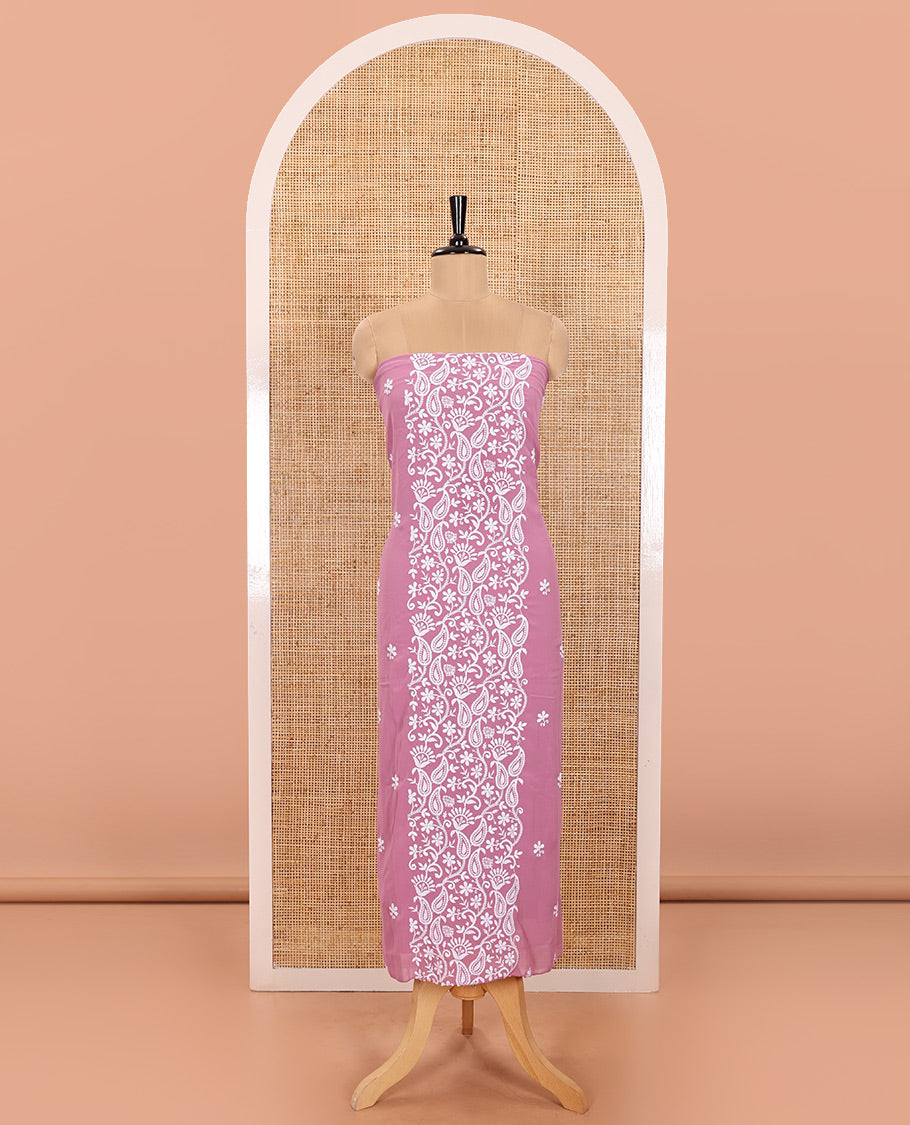 Pink  Material Chudidar Set Featuring Chikankari-Style Paisley Vine Design, Thread-Embroidered Georgette Top, Subtly Made Plain Santoon Material Bottom, and a Floral Motifs-Embroidered Georgette Scallop-Bordered Dupatta