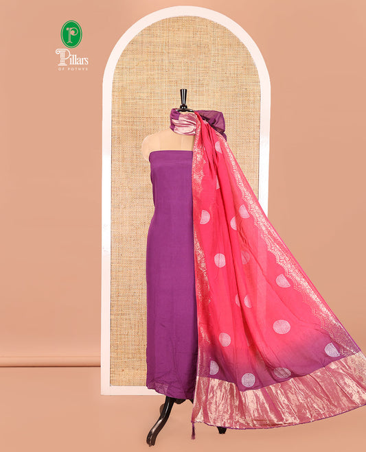 Purple Semi Silk Material Churidar Set, Subtly Made Plain Top, a Plain Santoon Bottom, and Is Paired with a Dual-Colored Bandhani Motifs Semi Silk Dupatta