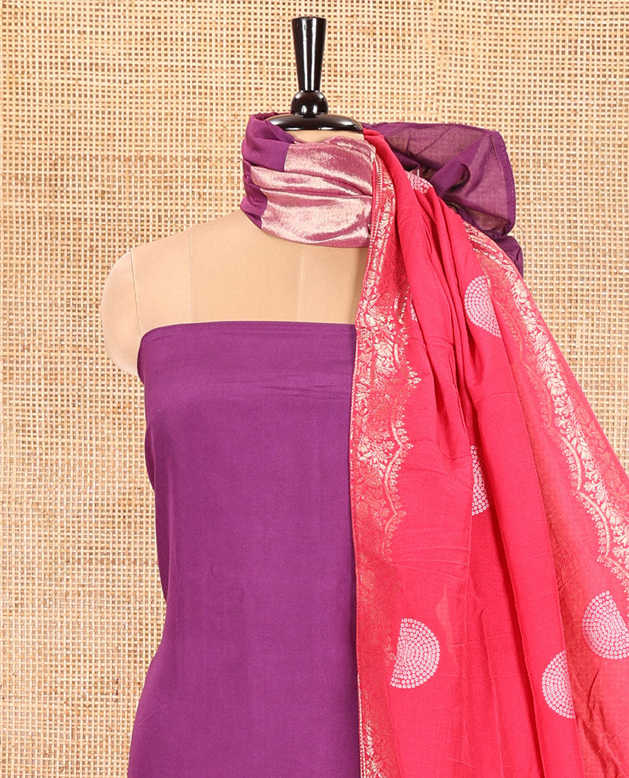 Purple Semi Silk Material Churidar Set, Subtly Made Plain Top, a Plain Santoon Bottom, and Is Paired with a Dual-Colored Bandhani Motifs Semi Silk Dupatta