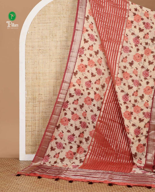 Onion pink stripes & floral print chanderi Cotton saree with rudraksh mayil kann border & contrast chick pallu along with contrast blouse