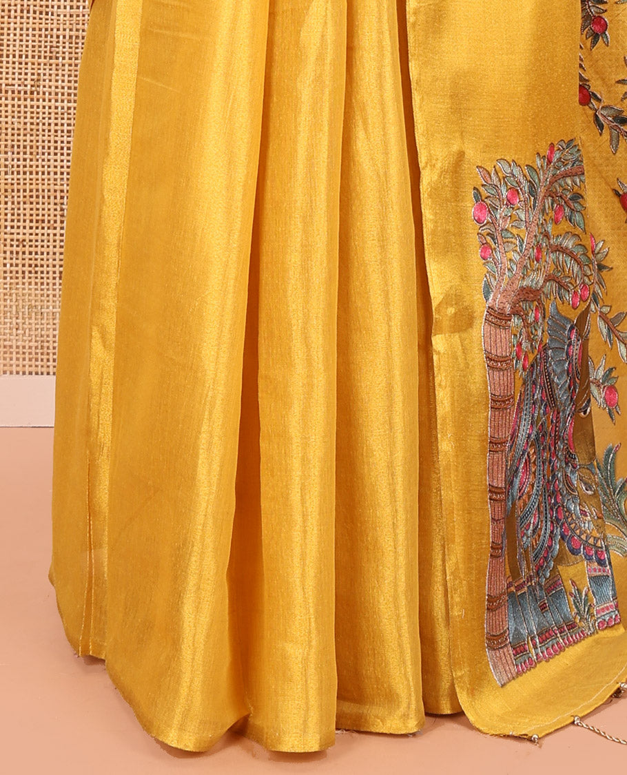 Borderless Gold Tissue Saree, Spotlighted with Colorful Tree-Elephant Motif Printed with Outline Embroidery on Its Body, and Paired with a Readymade Elbow-Sleeve Round-Neck Blouse