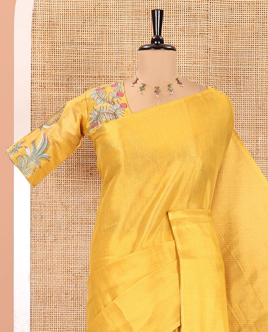Borderless Gold Tissue Saree, Spotlighted with Colorful Tree-Elephant Motif Printed with Outline Embroidery on Its Body, and Paired with a Readymade Elbow-Sleeve Round-Neck Blouse