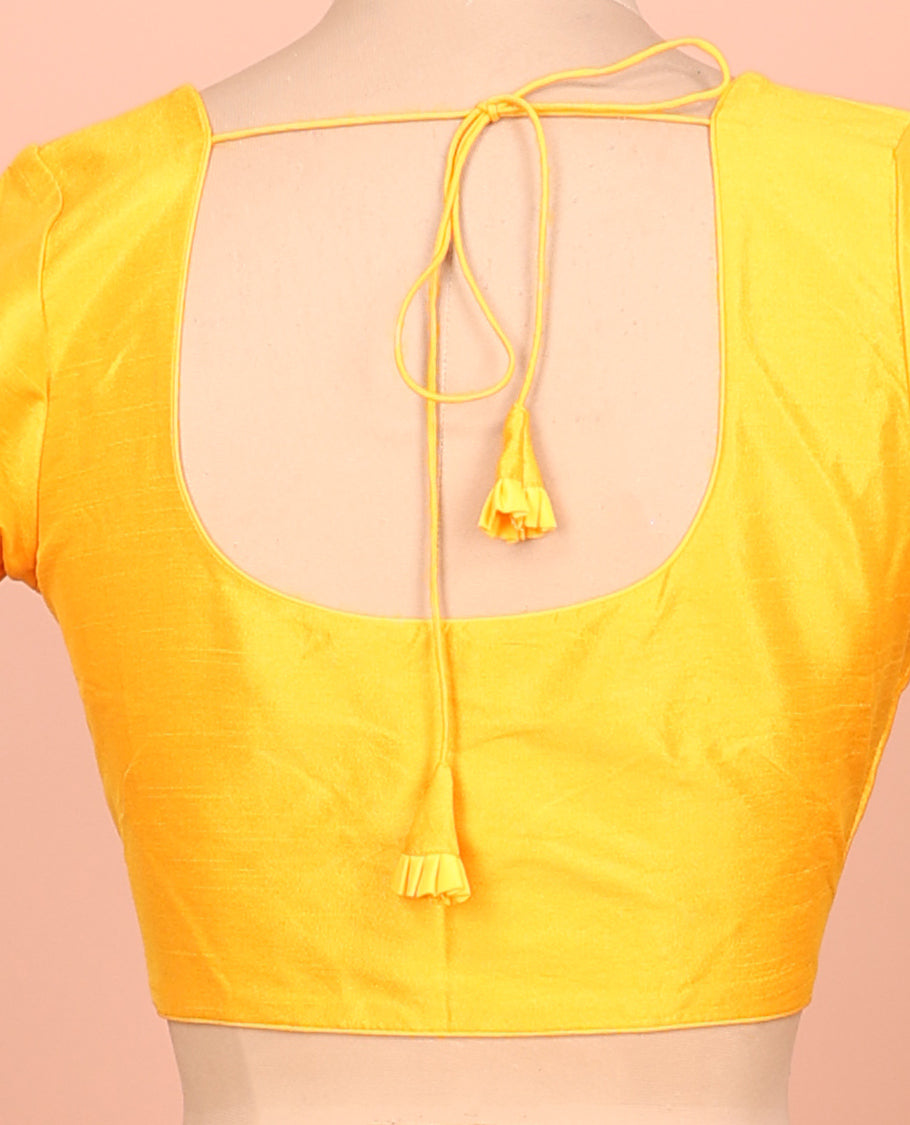 Yellow Plain Readymade Blouse Featuring a Front Round-Neck, Back Round-Neck, and Half-Sleeves
