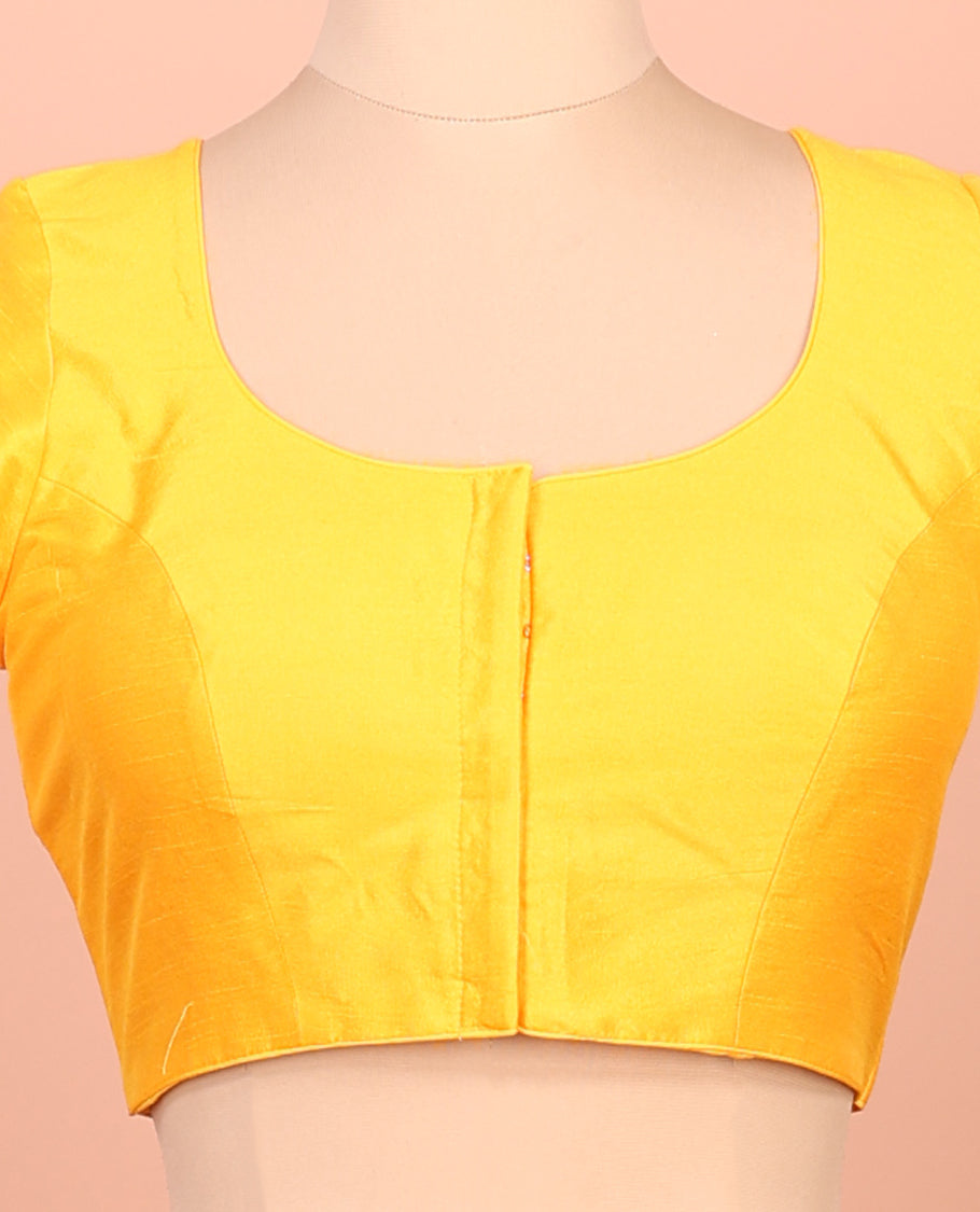 Yellow Plain Readymade Blouse Featuring a Front Round-Neck, Back Round-Neck, and Half-Sleeves