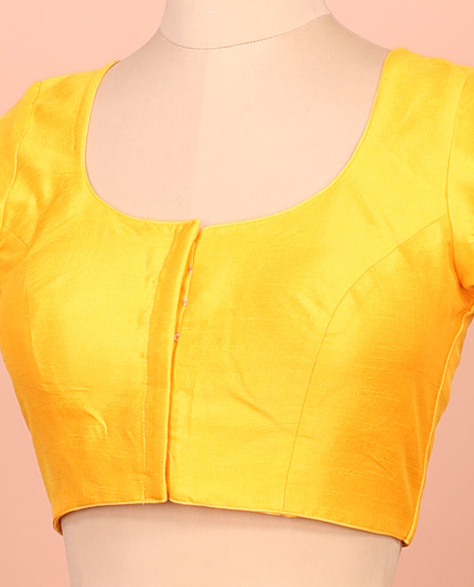Yellow Plain Readymade Blouse Featuring a Front Round-Neck, Back Round-Neck, and Half-Sleeves