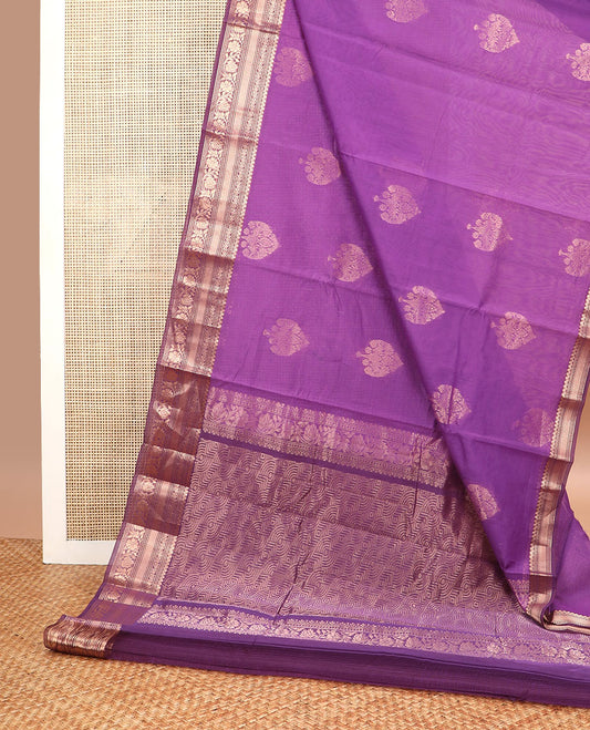 Purple floral motifs silk cotton saree with contrast zari design border & geometric design pallu