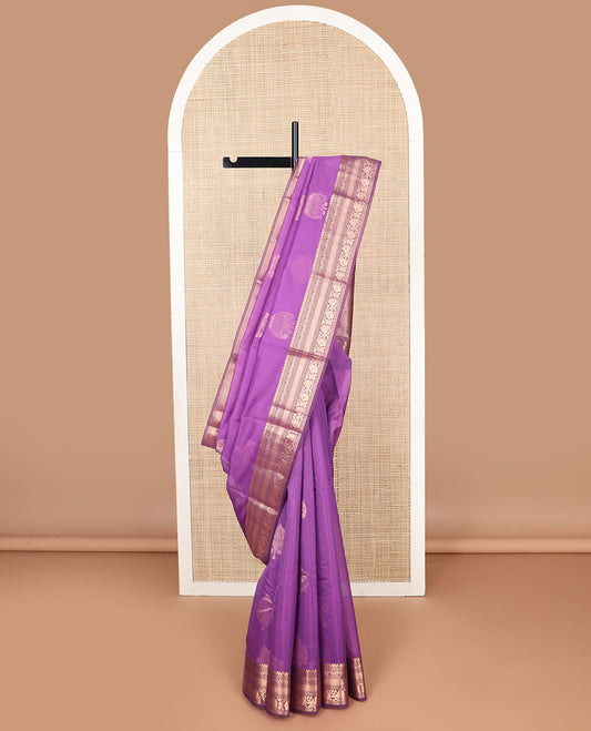 Purple floral motifs silk cotton saree with contrast zari design border & geometric design pallu