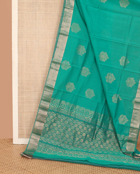 Green zari buttas silk cotton saree, traditional zari border, and pallu of zari designs