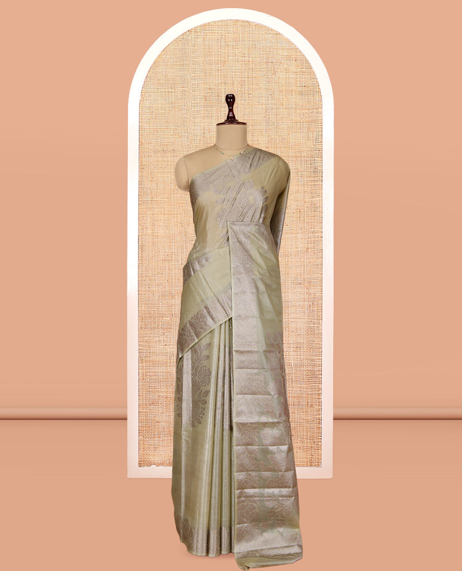 Pale Green Tusser Silk Saree, Delicately Woven with Floral Design, a Zari Border, Floral Pallu, and a Matching Blouse