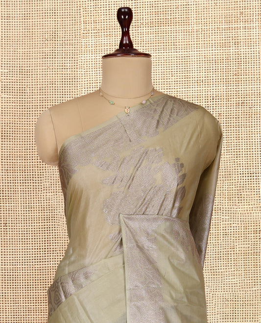 Pale Green Tusser Silk Saree, Delicately Woven with Floral Design, a Zari Border, Floral Pallu, and a Matching Blouse
