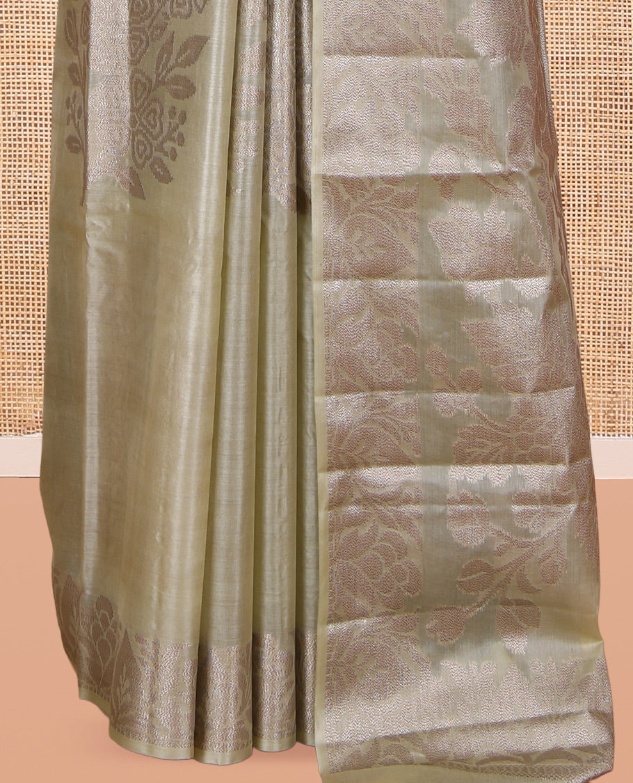 Pale Green Tusser Silk Saree, Delicately Woven with Floral Design, a Zari Border, Floral Pallu, and a Matching Blouse