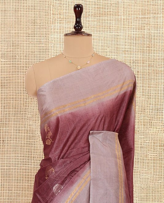Brown Tussar Saree, Bedecked with Floral Buttas, Complemented by a Contrast Border, Floral Vine Pallu, and a Contrast Blouse
