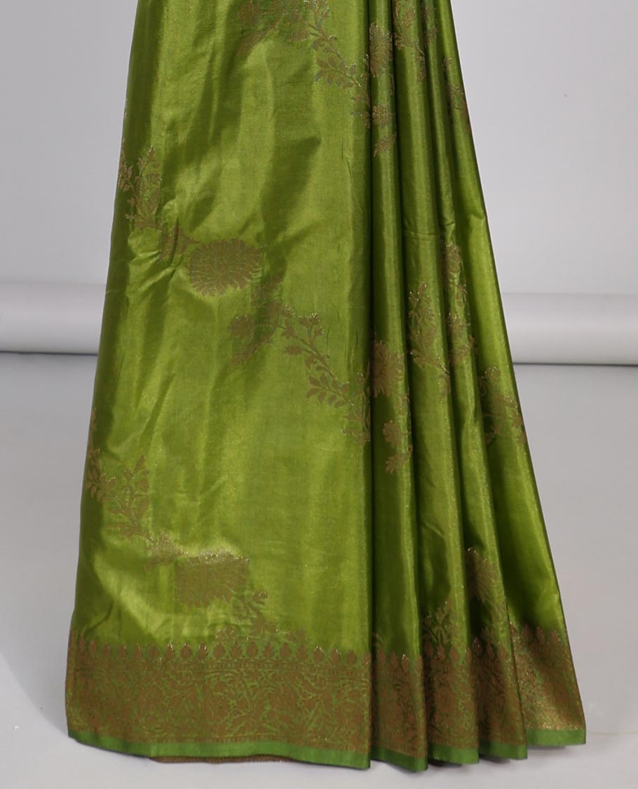Green striped floral design semi banaras tussar saree with self traditional border & intricate zari design pallu