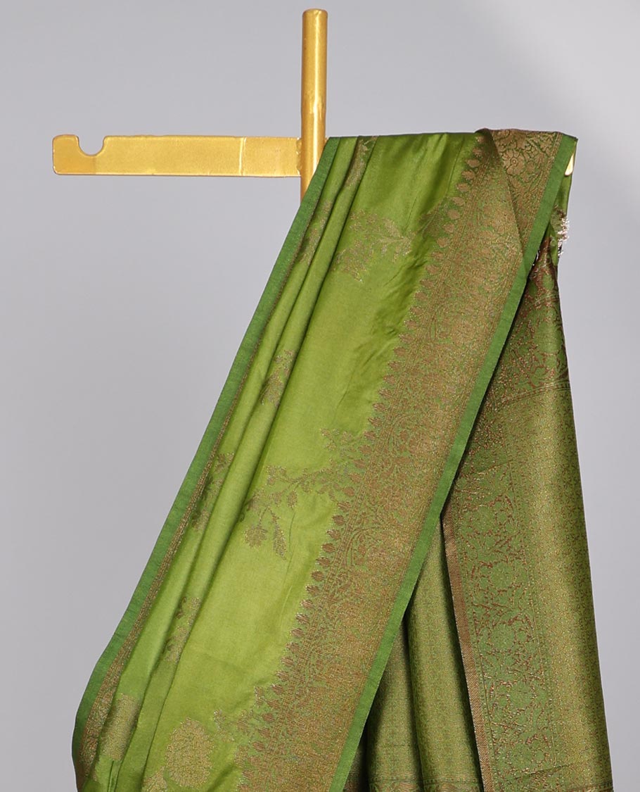 Green striped floral design semi banaras tussar saree with self traditional border & intricate zari design pallu