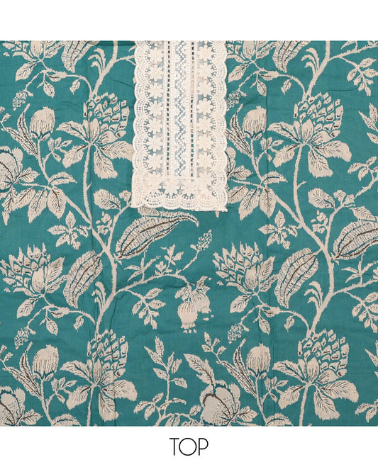 Blue material chudidar set, floral vine printed with neck embroidered top, contrast plain bottom, and block printed dupatta