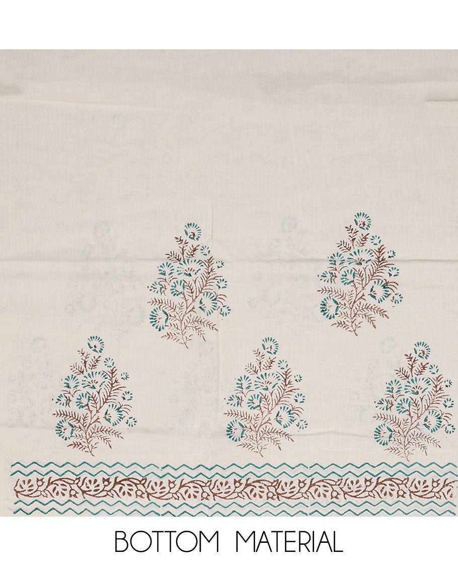 Blue material chudidar set, floral vine printed with neck embroidered top, contrast plain bottom, and block printed dupatta