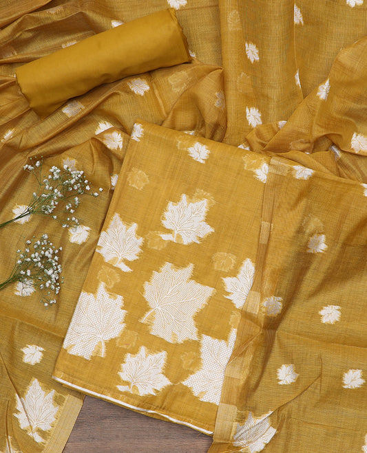 Mustard material chudidar set, leaf motifs woven top, plain bottom, and leaf motifs woven dupatta