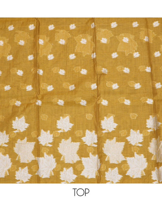 Mustard material chudidar set, leaf motifs woven top, plain bottom, and leaf motifs woven dupatta
